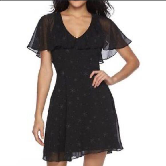 Star Wars Black Flowy Mini Dress Sheer Sleeve Stary Pattern Subtle Neutral - Picture 1 of 10